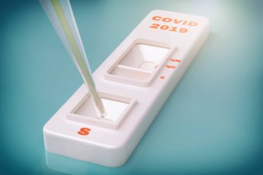 COVID19 SARS virüsü hızlı bir test. Rapid Covid 19 testi kullanıma hazır. Testler IgM ve IgG de dahil olmak üzere antikorların üretilmesinde etkilidir. 3d illüstrasyon