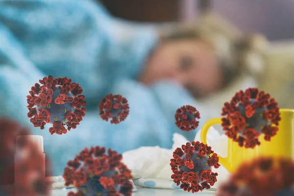 Vrouw Die Lijdt Aan Virale Ziekte Ligt Helaas Bedekt Met — Stockfoto