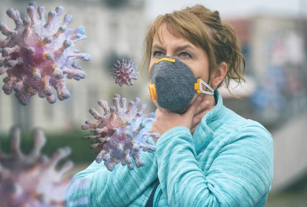Woman wearing a real anti-pollution and anti-viruses face mask outside. SARS COVID-19 pandemic concept