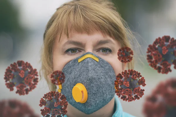 Woman Wearing Real Pollution Viruses Face Mask Sars Covid Pandemic — Stock Photo, Image