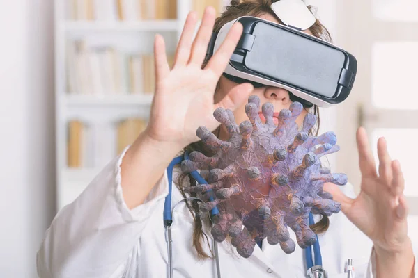 Arzt Nutzt Virtual Reality Headset Für Coronavirus Forschung — Stockfoto