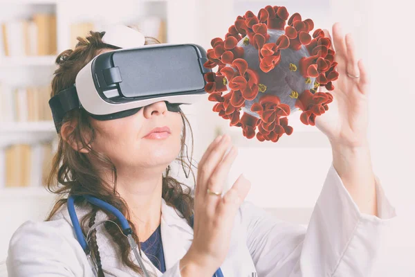 Medico Che Utilizza Cuffie Realtà Virtuale Ricerca Coronavirus — Foto Stock