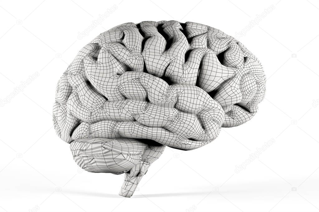 3d illustration of human brain coated with black mesh over light background with soft shadow. 