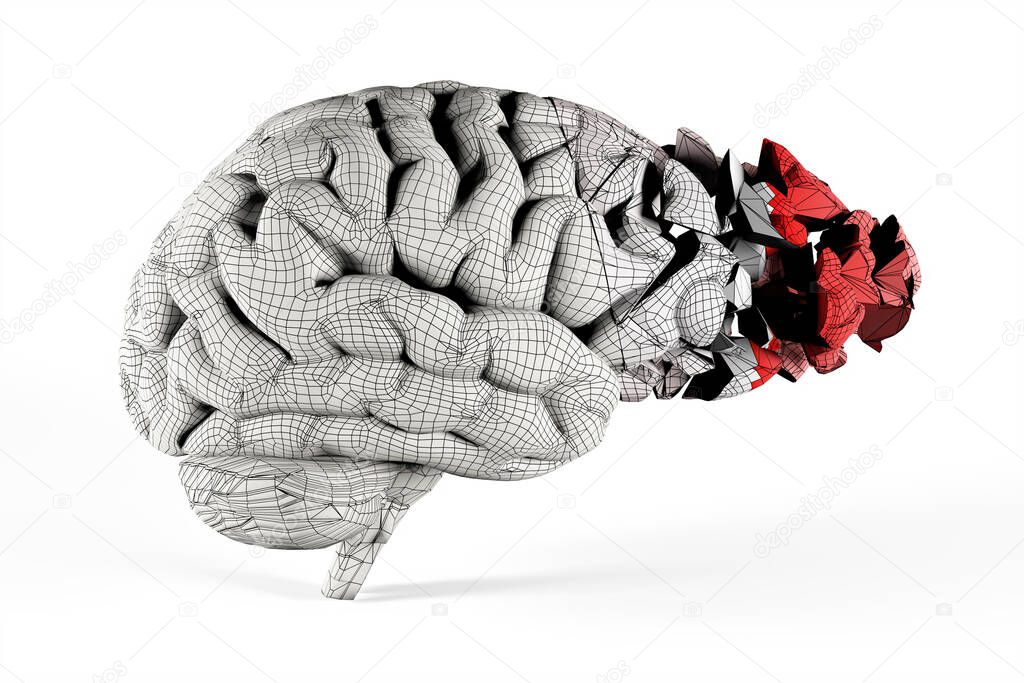 Shattered brain covered with mesh. Conceptual 3d illustration helpful for in visualizing brain diseases.