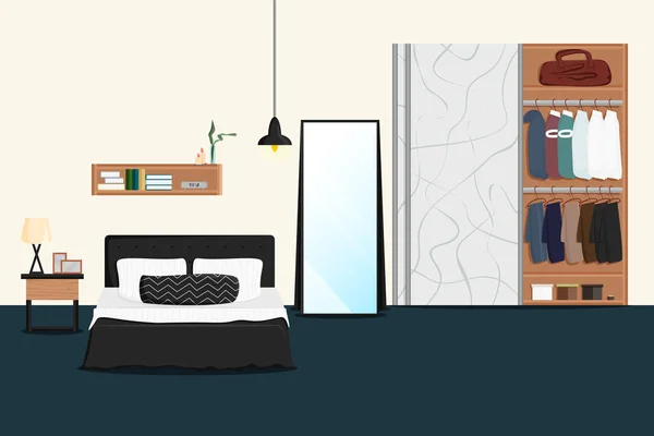 Ilustración plana vectorial del interior del dormitorio masculino — Archivo Imágenes Vectoriales