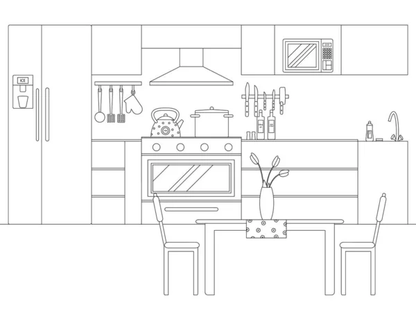 Vector Illustration of Kitchen in Line Art Style - Stok Vektor