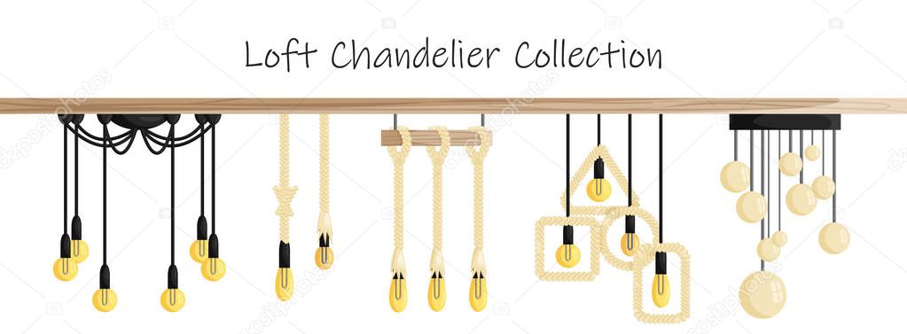 Vector ceiling loft chandeliers set in flat style