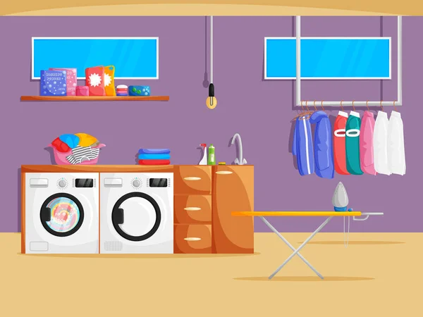 Vector laundry room interior in cartoon flat style — Stock Vector