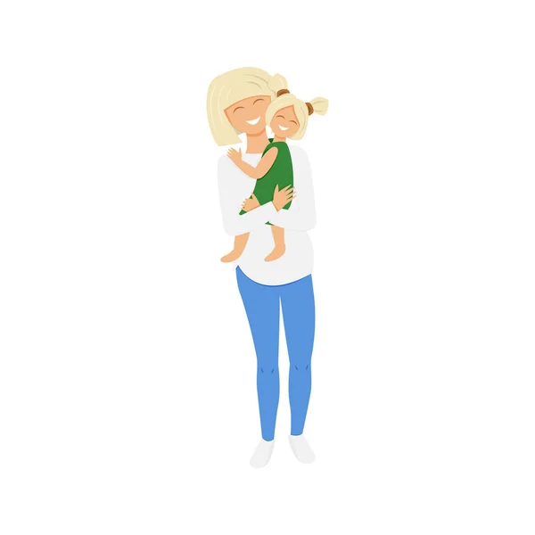 Εικονογράφηση Διάνυσμα Ξανθή Μαμά Αγκαλιάζει Την Κόρη Επίπεδη Απεικόνιση Της — Διανυσματικό Αρχείο