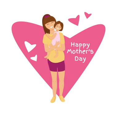 Esmer annenin kızını kucağına almasının vektör çizimi. Annemin sevgisinin düz bir çizimi. Hamile mumya kucaklayan kızın sevimli karakter tasarımı. Anneler Günü için kalp şekli ve mesajı olan kişiler.
