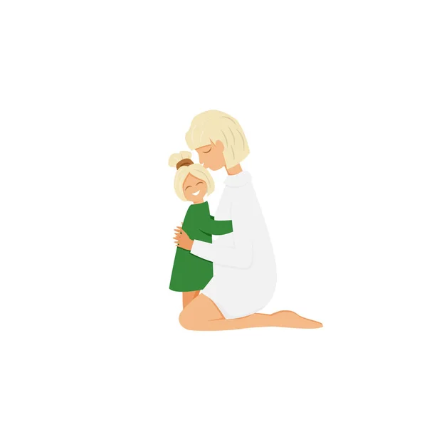 Ilustrație Vectorială Mamei Blonde Îmbrățișează Fiica Izolată Caracteristici Conceptuale Plate — Vector de stoc