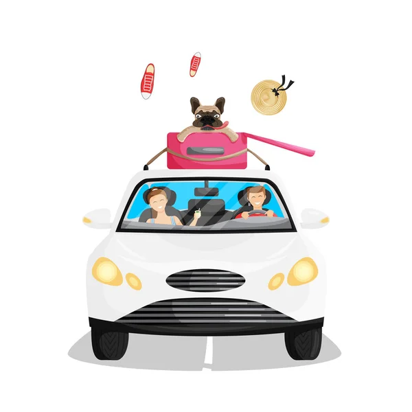 Векторная Иллюстрация Счастливой Семьи Дороге Французским Бульдогом Крыше Автомобиля Вид — стоковый вектор