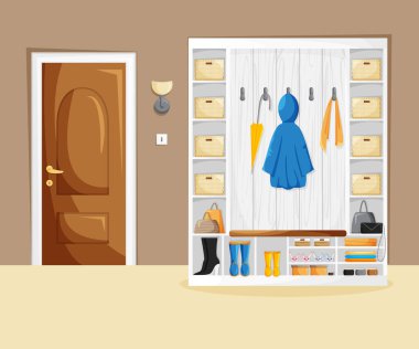 Çizgi film tarzında gardırobu olan ev koridorunun içi vektör. Evin giriş şablonu kahverengi kapı, beyaz mobilya, lamba, kıyafet ve aksesuarlar minimalist tarzda. Konforlu ev kavramı