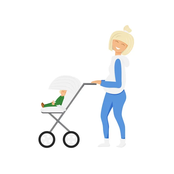 Vector Illustration Mother Baby Carriage Happy Blond Mom Walking Baby — Stock Vector
