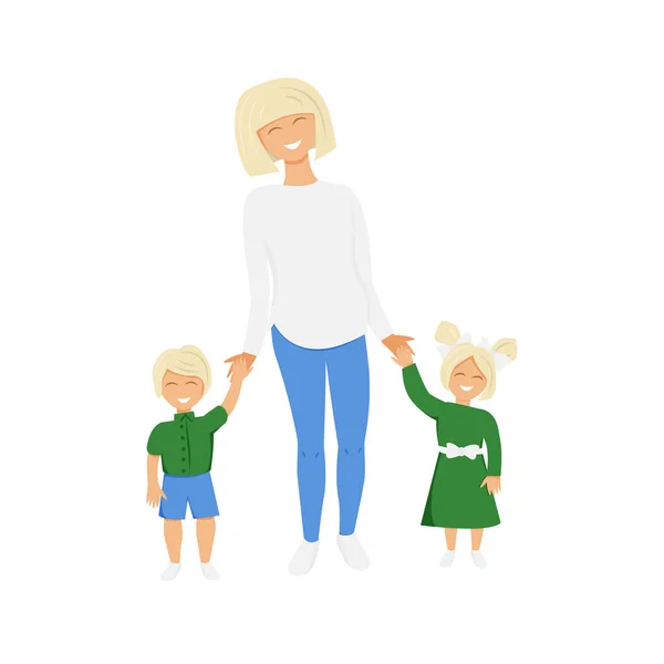 Ilustrație Vectorială Mamei Blonde Copii Amuzantă Mumie Fiul Fiica Ţinându — Vector de stoc