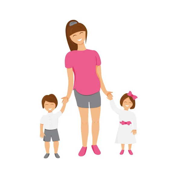 Vector Illustratie Van Brunette Moeder Met Kinderen Grappige Mummie Met — Stockvector