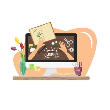 Yaratıcı video kanalının vektör düz çizimi. Ellerini ekranda tut ve bitkilerle nasıl koleksiyon yapacağını göster. El yapımı yaratıcılık Podcast konsepti. Evde video kaydı var. Serbest çalışma için fikir