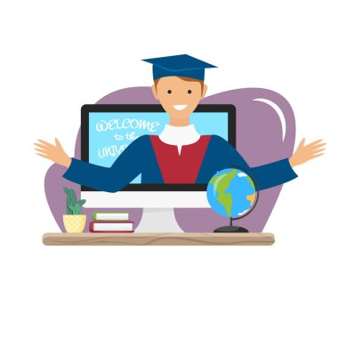 Üniversite hakkında video blogunun vektör illüstrasyonu. Mezunlar, öğrenci hayatını gösteriyorlar. Podcast ajitasyon konsepti. Evde, yurtta ya da kampüste video kaydı var. Sabit karakter ve yüksek öğrenim