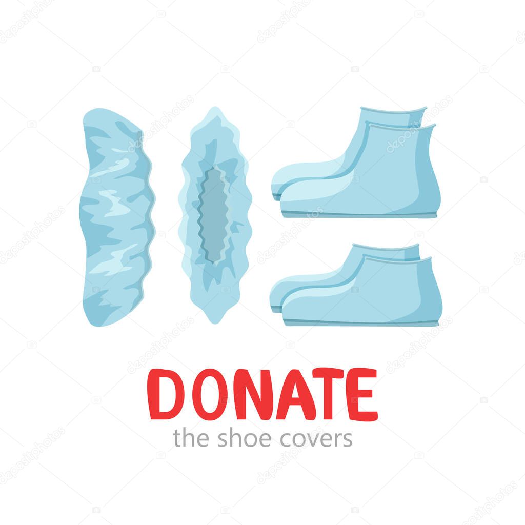 Vector illustration of blue shoe covers donation isolated. Use shoe covers in hospital. Donate protective wear against dirt, bacteria and virus. Public hygiene, boots covers. Flat concept design