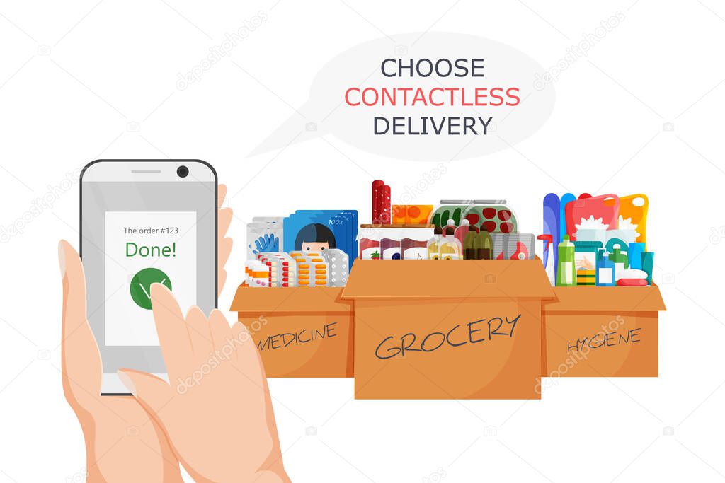 Vector illustration of online shopping in epidemic period. Flat concept design to choose contactless delivery. Non-contact express logistic service in quarantine. Cardboard boxes with goods isolated