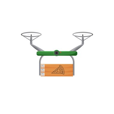 İHA bağlantısız teslimatın vektör çizimi izole edildi. Restoran size pizza getirmek için ekspres olmayan servis kullanıyor. Gelecekteki lojistik sistemin düz tasarımı. Quadcopter karton kutular tutuyor