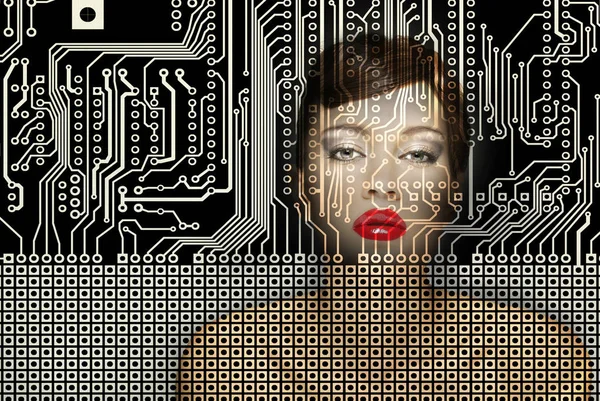 AI (Artificial Intelligence) concept - women portrait with printed circuit board gold blur background