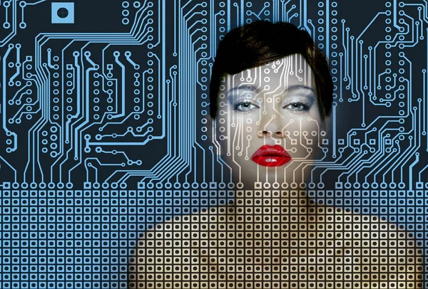 Ai (künstliche Intelligenz) Konzept - Frauenporträt mit blauem Hintergrund — Stockfoto
