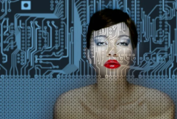 AI (Artificial Intelligence) concept - women portrait with printed circuit board blue background