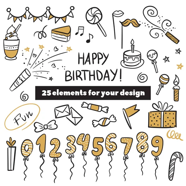 Illustration vectorielle de l'ensemble de badge Joyeux anniversaire. Eléments de conception avec lettrage texte pour cartes de vœux, bannière, impression. Gâteau, bougie, cadeau, ballon et autres éléments isolés sur fond blanc — Image vectorielle