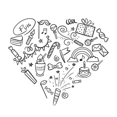 Doğum günü rozetinin vektör çizimi ayarlandı. Tebrik kartları, afişler, yazılar için harf metni olan tasarım ögeleri. Kek, mum, hediye, balon ve beyaz arkaplanda izole edilmiş diğer elementler