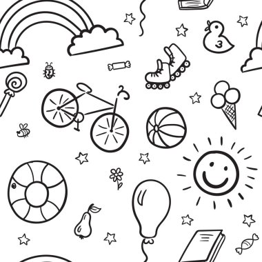 Bir çocuğun hayatındaki nesnelerin karalama seti, ana hatlarını çizmek. Şekerler, oyuncaklar, bisiklet, silindirler, gökkuşağı, güneş ve diğer elementler sizin için tasarlandı. Kusursuz bir arka plan. Vektör illüstrasyonu