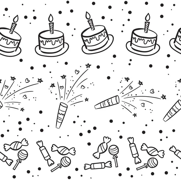Vektor-Illustration von Happy Birthday Badge Set auf der Tafel. Gestaltungselement für Grußkarten, Banner, Druck. Kuchen, Kerze, Geschenk, Ballon und andere Elemente isoliert auf nahtlosem Musterhintergrund — Stockvektor