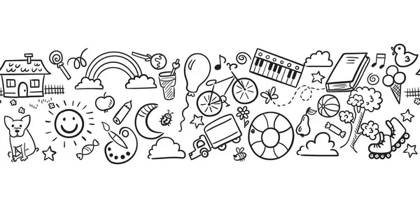 Doodle conjunto de objetos da vida de uma criança, elementos esboço esboço. Doces, brinquedos, bicicleta, rolos, arco-íris, sol e outros elementos para você projetar. Fundo padrão sem costura. Ilustração vetorial — Vetor de Stock