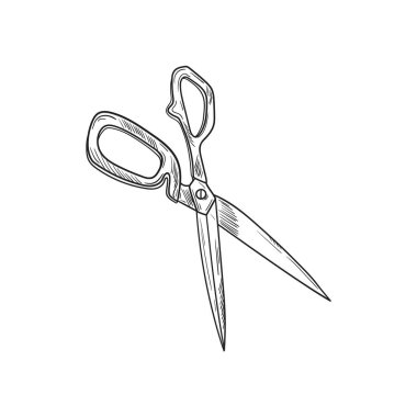 Dikiş ve elbise yapma makasını klasik oymalı elle çizilmiş bir tasvir. Terzi makasları beyaz arkaplanda izole edilmiş.