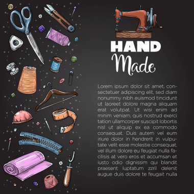 Terzi ya da terzi işi ve moda tasarımcısı atölye malzemeleri. Tahtaya eski usul illüstrasyon dikme