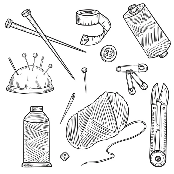 Hand drawn illustration of knitting and sewing set in vintage engraved style. Vector illustration — 스톡 벡터