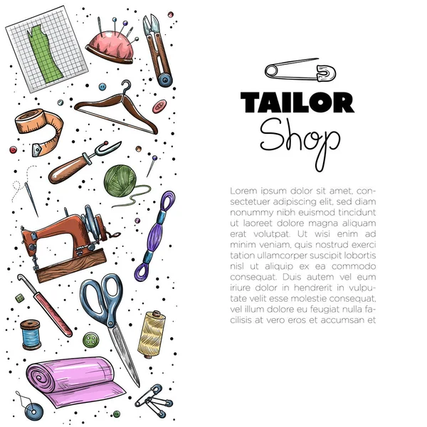 Tailor or dressmaker work and fashion designer atelier sketch items. Vector sewing illustration in retro vintage style — 스톡 벡터