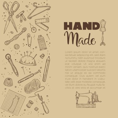 Terzi ya da terzi işi ve moda tasarımcısı atölye malzemeleri. Retro vintage tarzında vektör illüstrasyonuName 