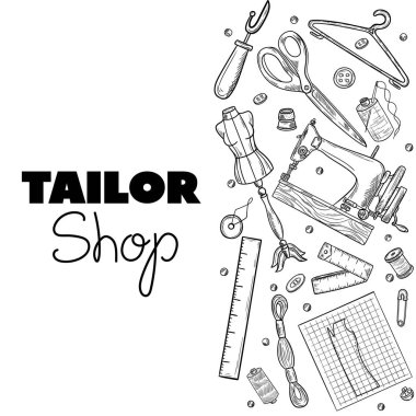 Terzi ya da terzi işi ve moda tasarımcısı atölye malzemeleri. Retro vintage tarzında vektör illüstrasyonuName