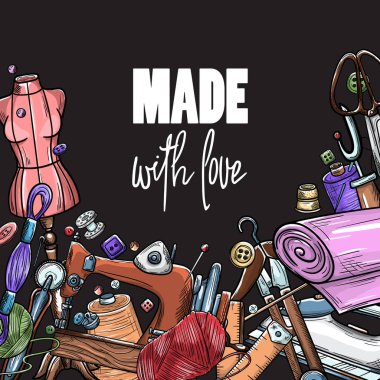 Terzi ya da terzi işi ve moda tasarımcısı atölye malzemeleri. Tahtaya eski usul illüstrasyon dikme.