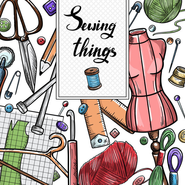 Портной или портниха работы и модельер ателье элементы эскиза. Векторная швейная иллюстрация в ретро-винтажном стиле
 