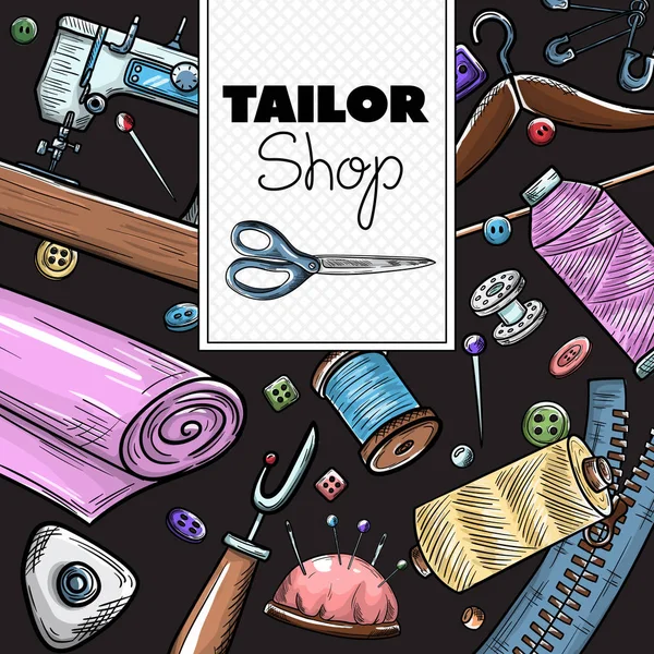 Tailor or dressmaker work and fashion designer atelier sketch items. Vector sewing illustration in retro vintage style on blackboard. — 스톡 벡터