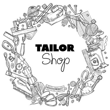 Terzi ya da terzi işi ve moda tasarımcısı atölye malzemeleri. Retro vintage tarzında vektör illüstrasyonuName