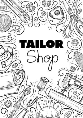 Terzi ya da terzi işi ve moda tasarımcısı atölye malzemeleri. Retro vintage tarzında vektör illüstrasyonuName