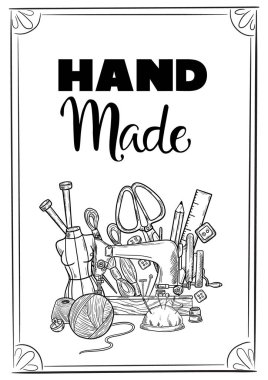 Terzi ya da terzi işi ve moda tasarımcısı atölye malzemeleri. Retro vintage tarzında vektör illüstrasyonuName