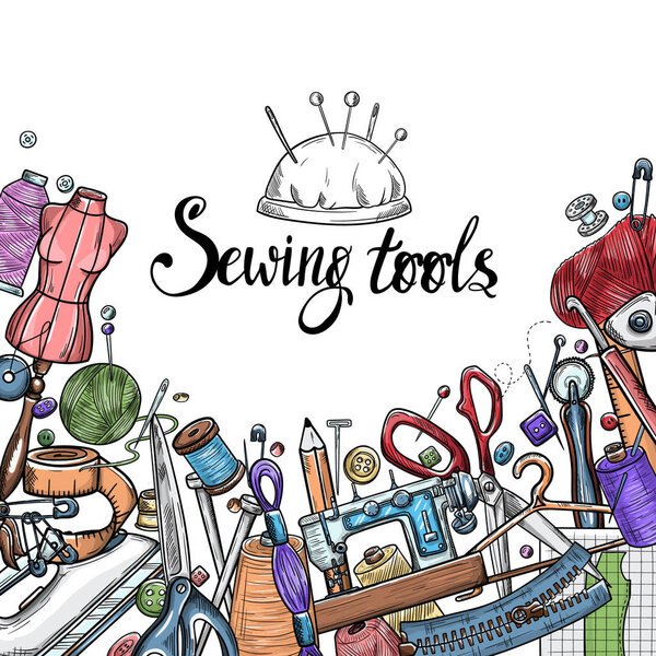 Портной или портниха работы и модельер ателье элементы эскиза. Векторная швейная иллюстрация в ретро-винтажном стиле
