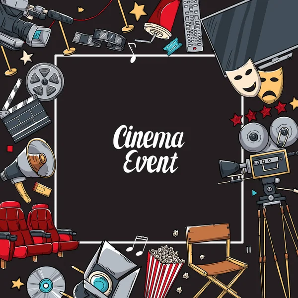 Hand drawn vector illustrations - Cinema collection. Movie and film elements in sketch style. — Stockvector