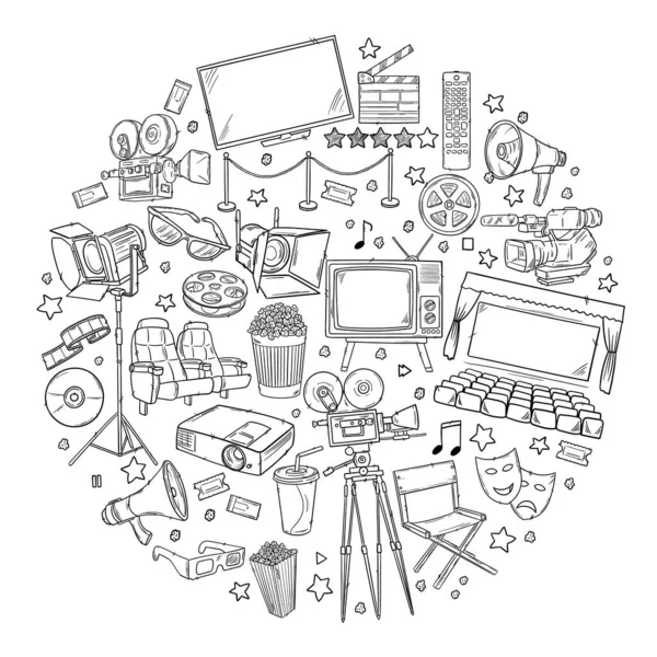 Hand drawn vector illustrations - Cinema collection. Movie and film elements in sketch style. — 스톡 벡터