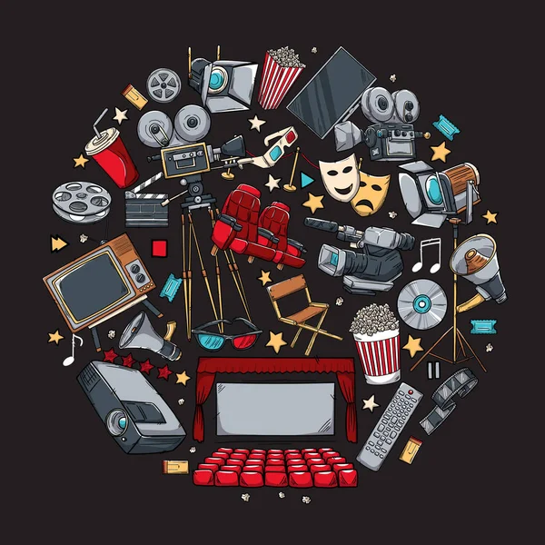 Hand drawn vector illustrations - Cinema collection. Movie and film elements in sketch style. — 스톡 벡터