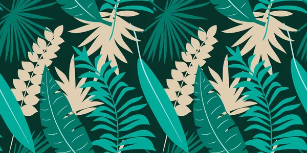 Modello tropicale senza soluzione di continuità vettoriale, vivido fogliame tropicale, con foglie, fiori. Design moderno e luminoso della stampa estiva — Vettoriale Stock